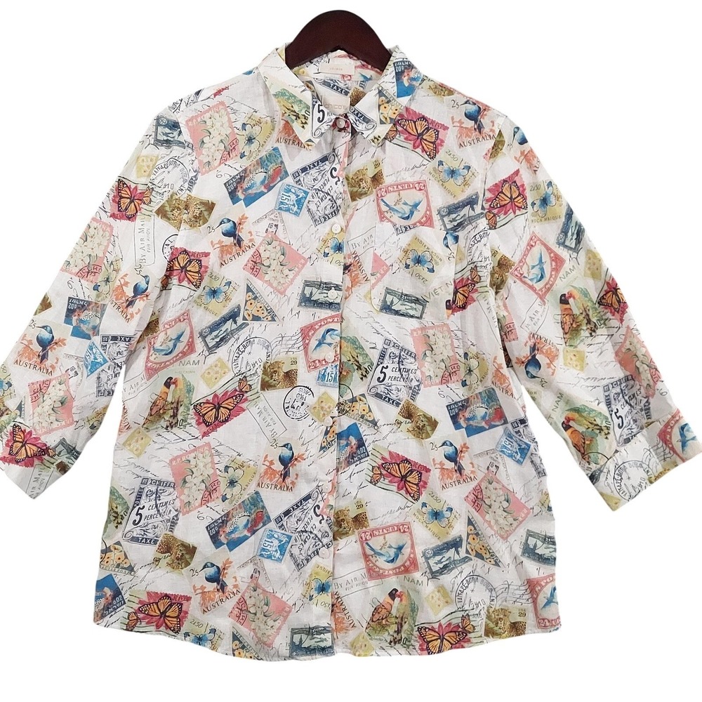 Vintage Chico's Shirt Womens 1.5 Multicolor Linen Stamp Travel 3/4 Sleeve Top